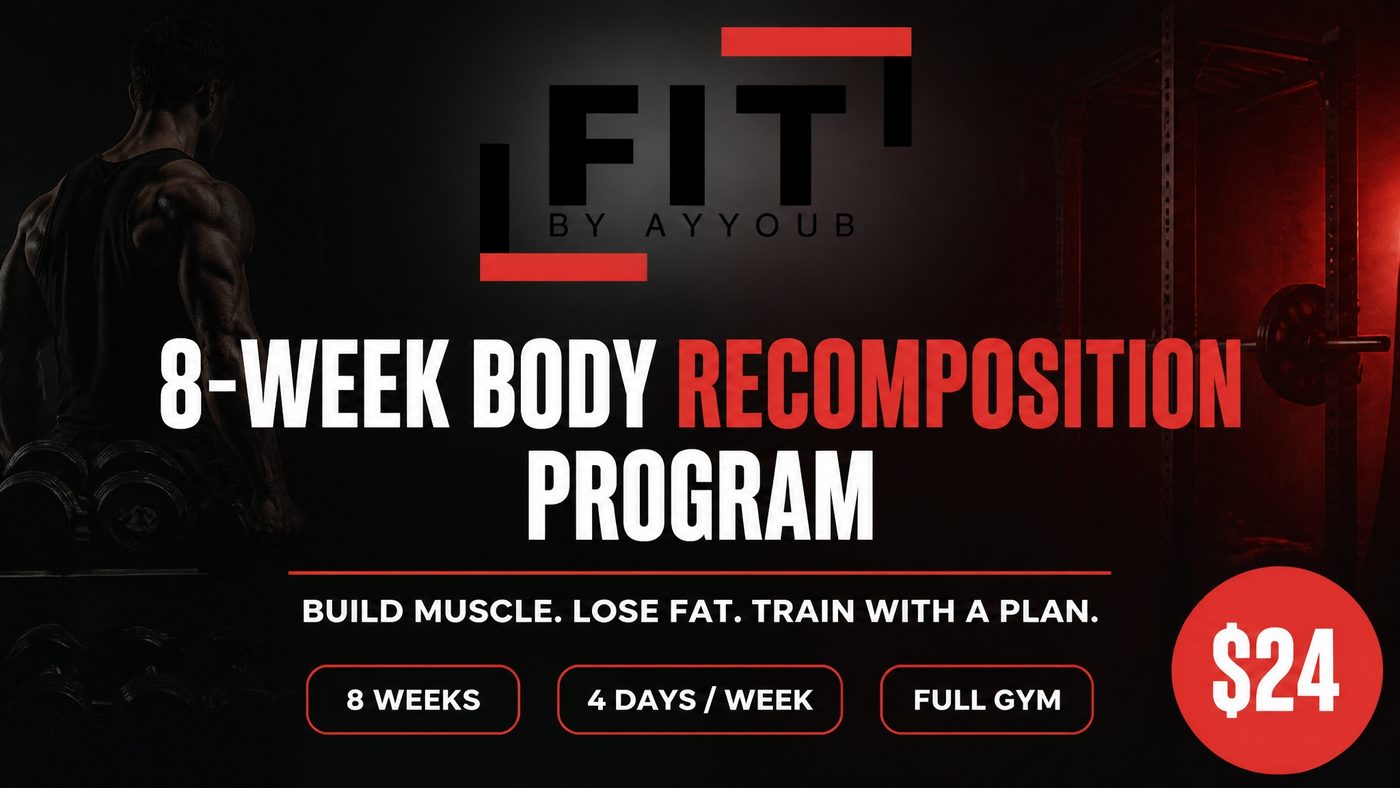 8-Week Body Recomposition Program by FIT BY AYYOUB: 8 weeks, 4 days per week, full gym, $24